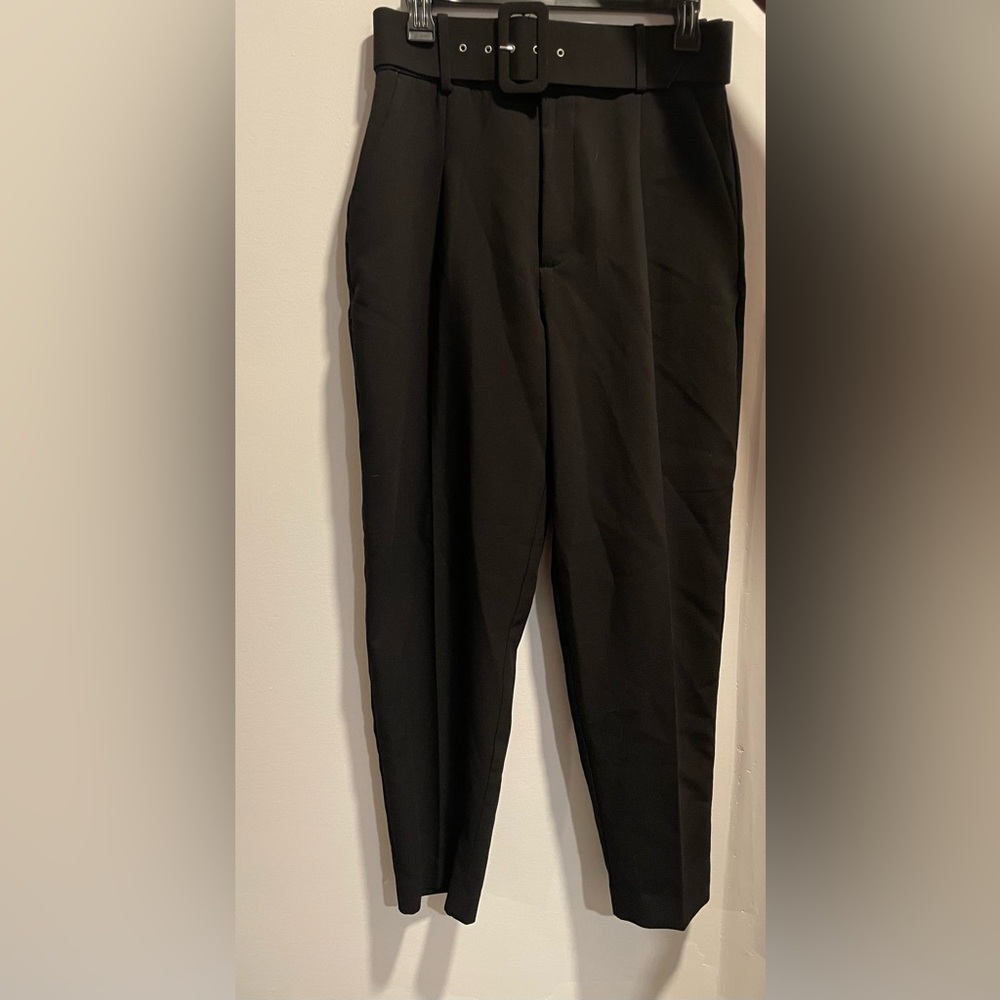 Zara Womens High Waisted Belted Ankle Pants Trousers M Black